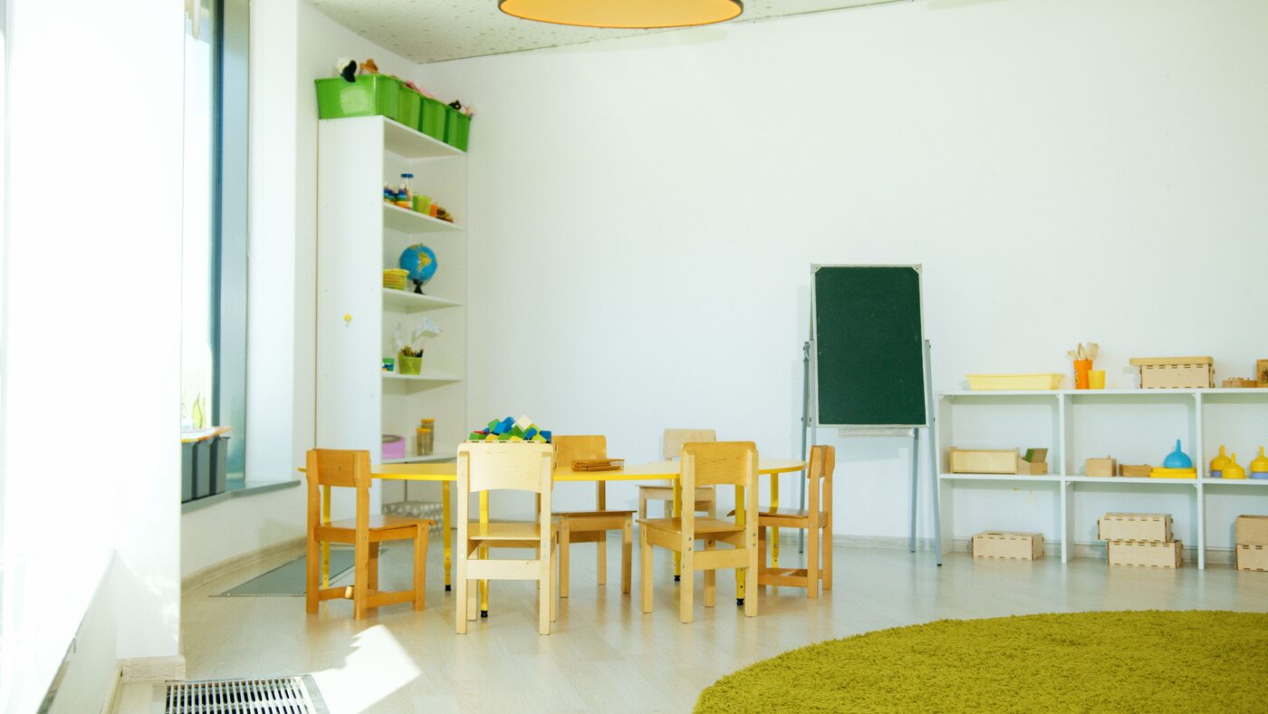 Spacious, bright classroom with learning stations